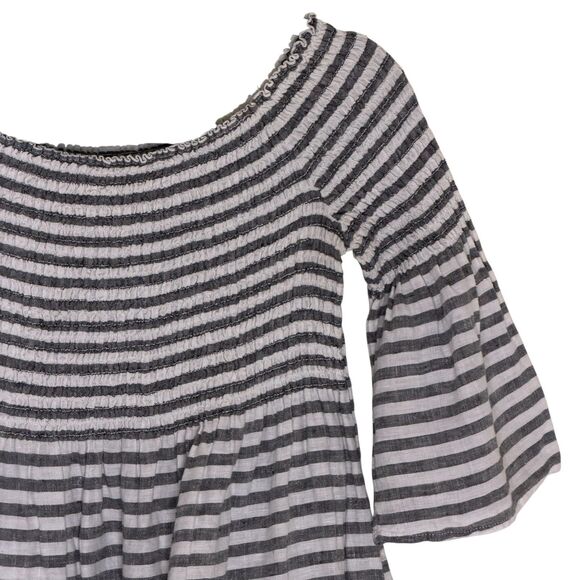 C & C California Linen Babydoll Smocked Top Blouse Shirt Gray White M - Picture 2 of 7